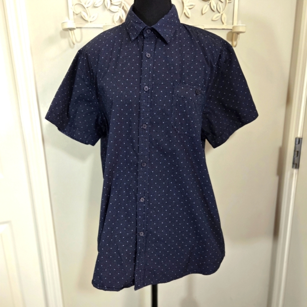 ⭐️PD&C Mens Stretch Slim Fit Navy Print Button-Up Shirt Size L